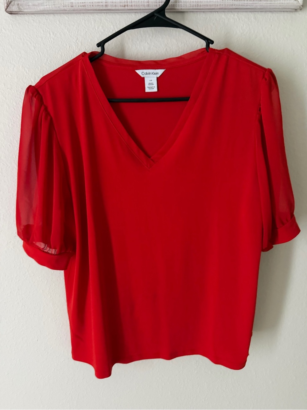 Calvin Klein Red V-Neck Puff Sleeve Blouse